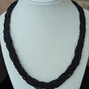 Braided Black Seed Bead Necklace – Multi-Strand Glass Beads, Twisted Rope Statem